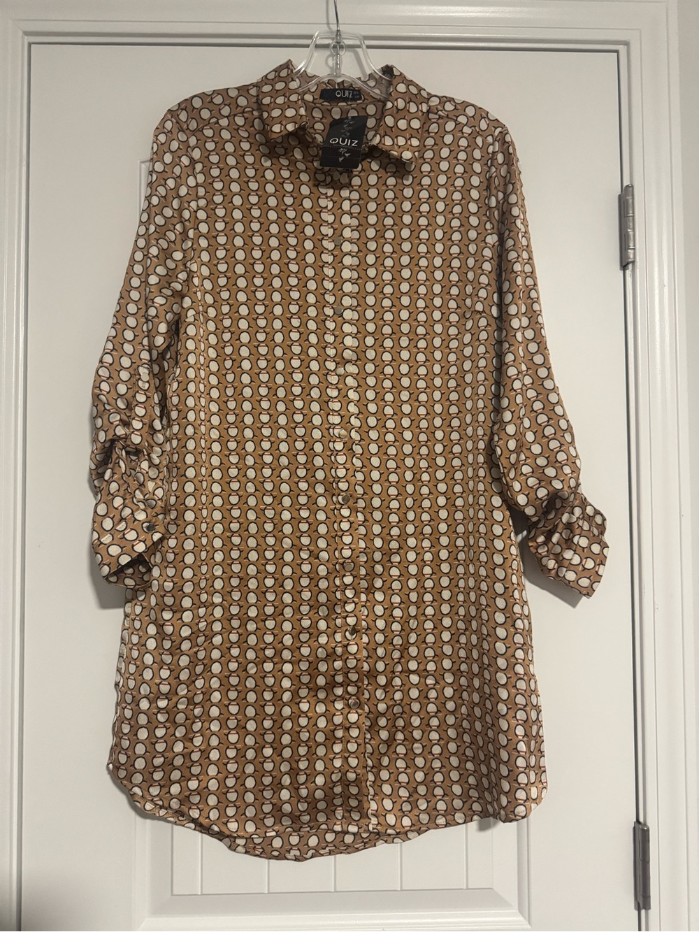 QUIZ Tan Geo-Print Long Sleeve Shirt Dress